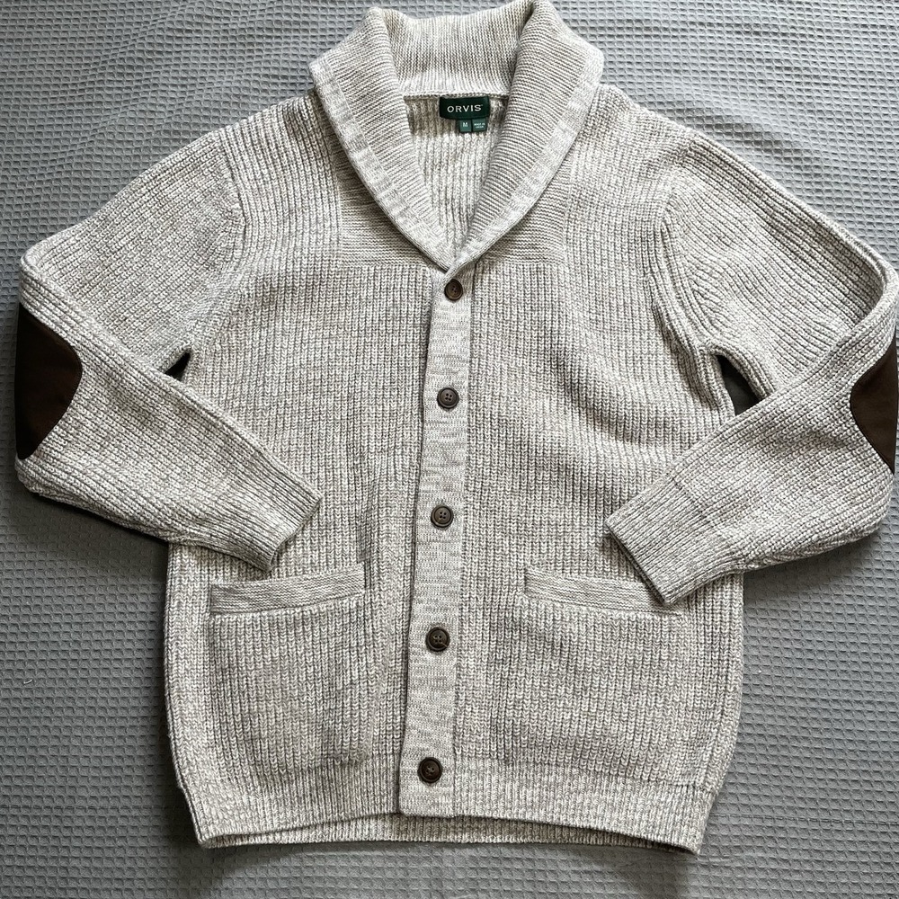 Orvis 100% Wool Shawl Collar Cardigan Sweater Medium Men's Grandpa Elbow Patch